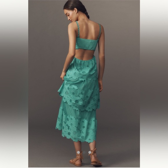 NEW🌟Anthropologie Saylor Elloise Eyelet Tiered Midi Dress Teal Size Large - Picture 3 of 7